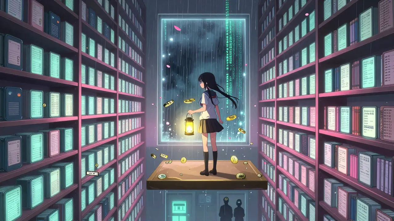 A girl in a school uniform holding a lantern amid swirling crypto transaction logs in a vast glowing library.