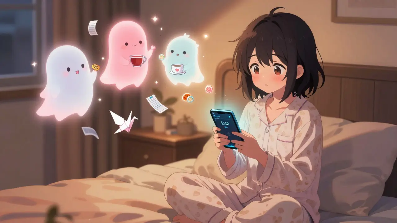 A girl in pajamas using her phone at night, cute spirits of Layer 2 networks offering her tea, transaction receipts turning into origami cranes.