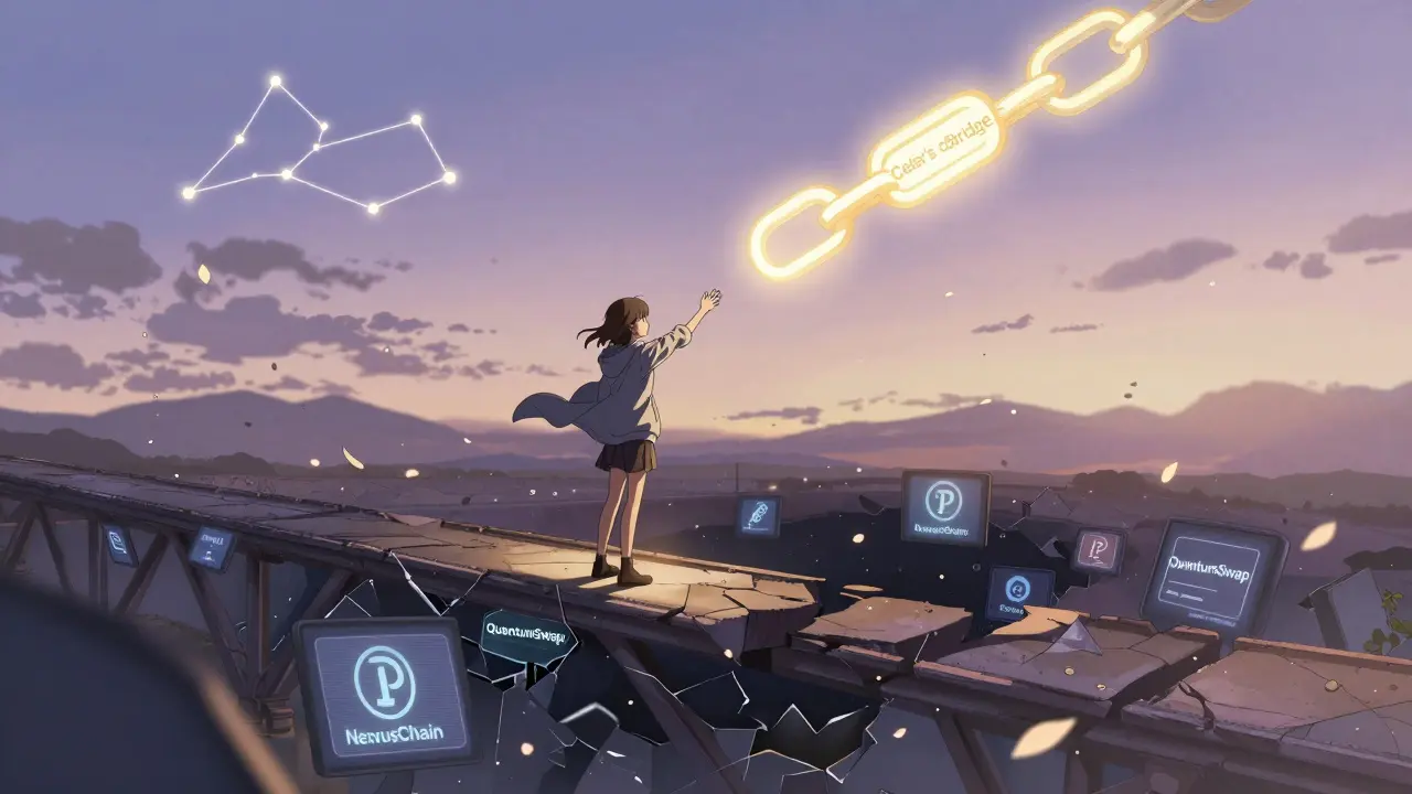 A girl reaches for a safe crypto bridge as fake platforms crumble into darkness, with audit seals glowing above her.