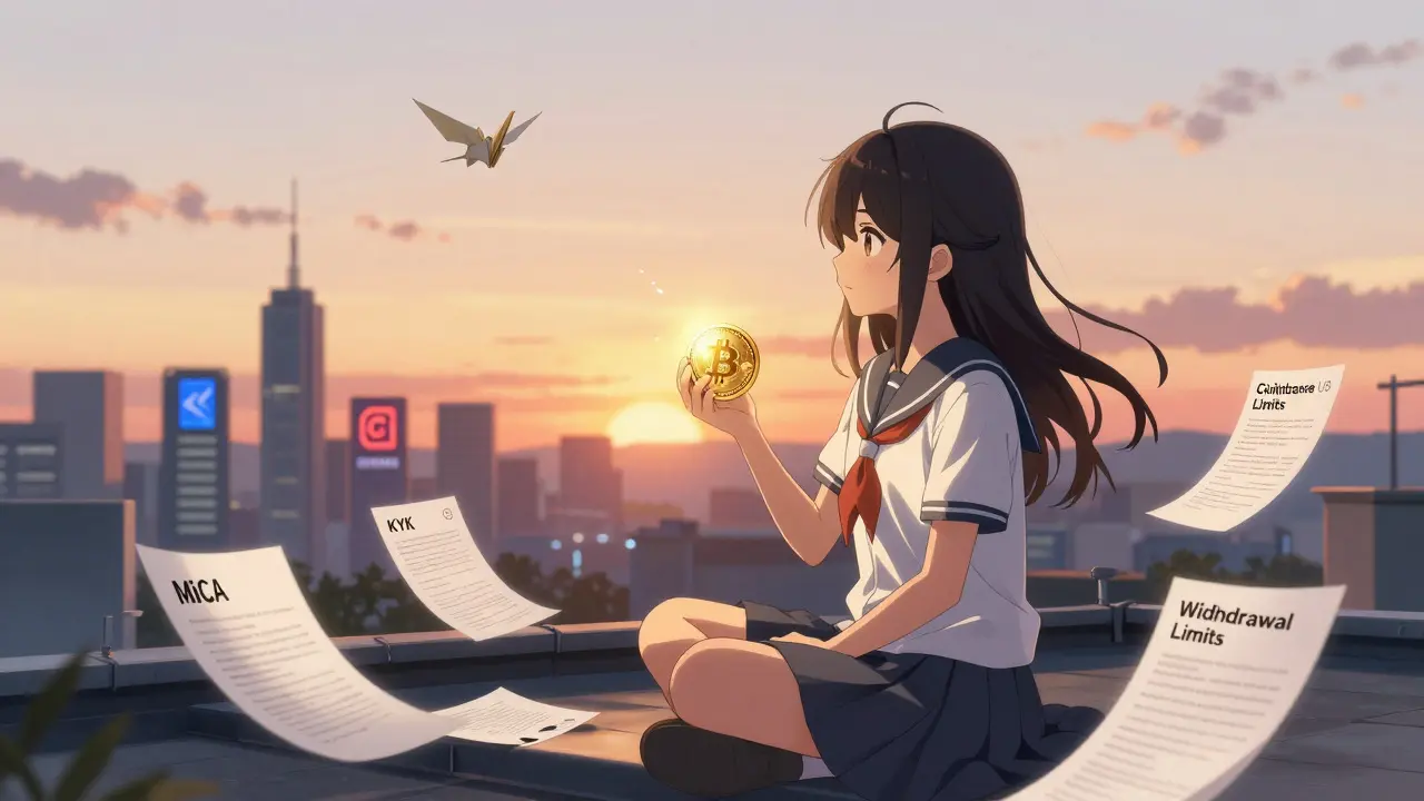 A girl sits on a rooftop holding a Bitcoin coin split into U.S. and global price versions, surrounded by regulatory documents at sunset.
