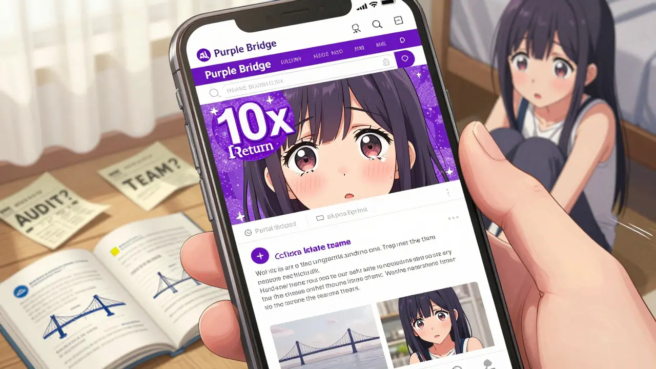 A girl stares at a fake crypto website on her phone, surrounded by notes questioning its legitimacy, while real exchanges are visible in books.