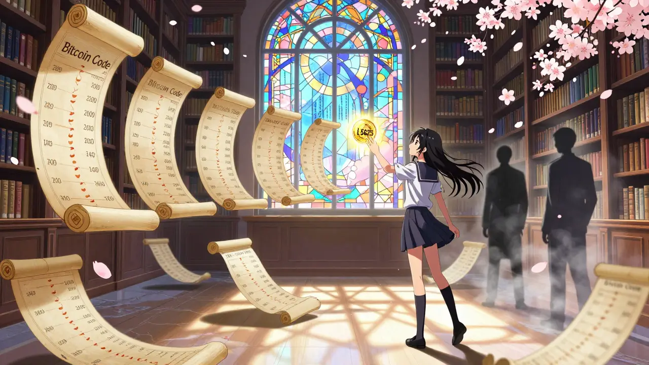 A girl touches a floating Bitcoin coin in a library of glowing code scrolls, cherry blossoms drifting around.