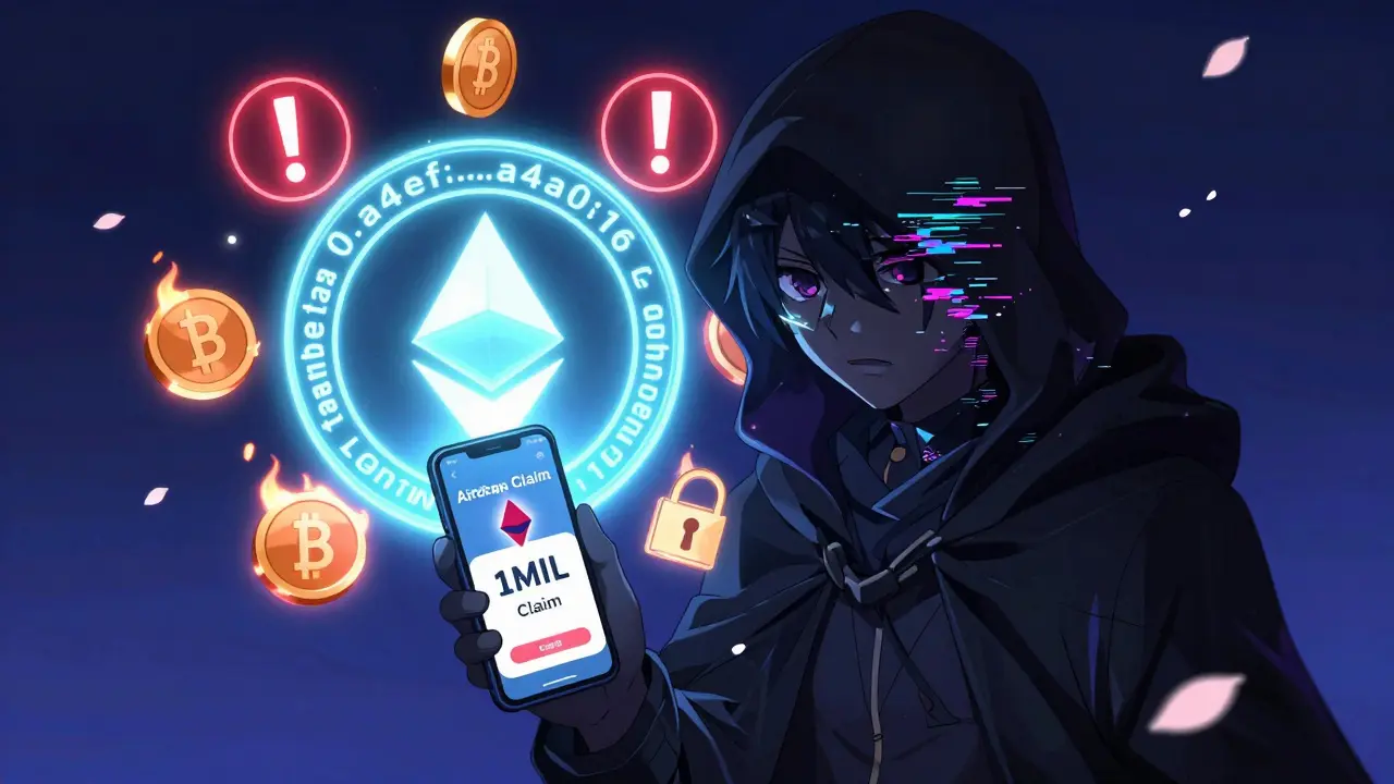A glitchy scammer holding a fake airdrop screen, while a real Ethereum contract glows brightly with warning symbols around it.