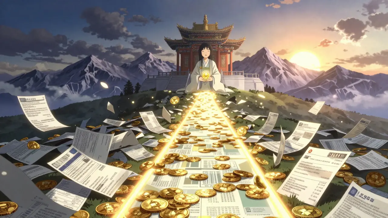 A glowing path of coins leads to a temple, symbolizing crypto tax compliance and peace.