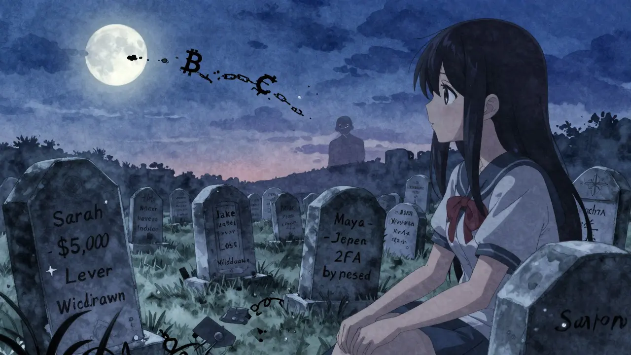 A graveyard of lost crypto wallets under a twilight sky, with broken chain symbols dissolving into ashes.