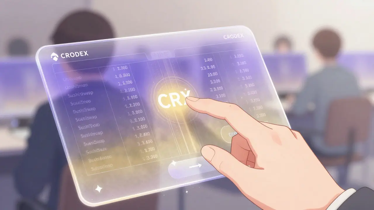 A hand clicks a minimalist DEX interface as price data flows from multiple exchanges into one clean dashboard.
