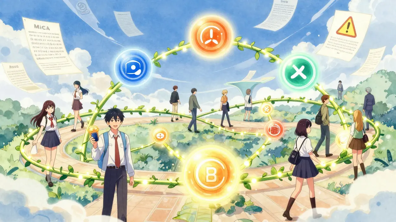 A network of DeFi platforms connected by glowing vines, users walking safely with wallets as talismans.