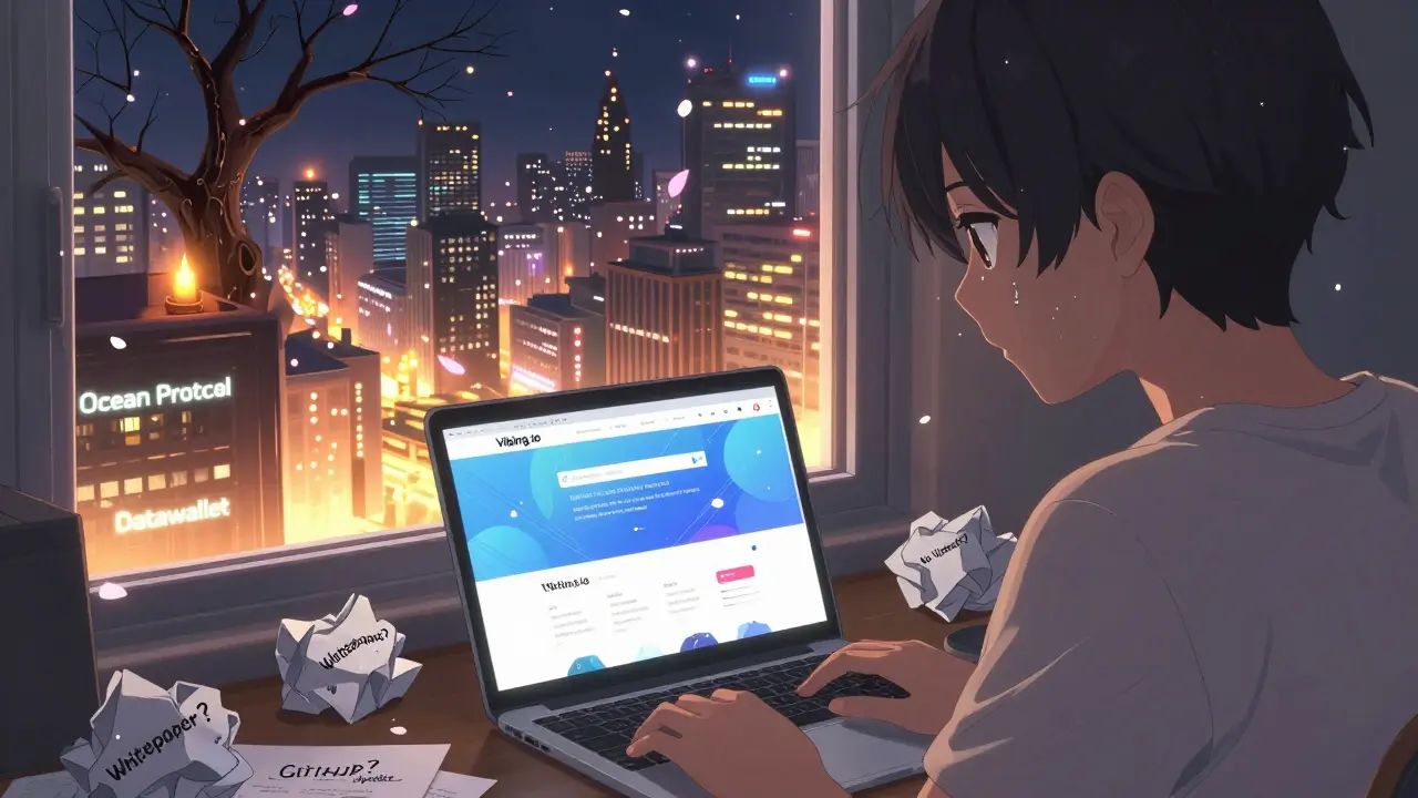 A person staring at a flickering Vibing website while a thriving alternative crypto city glows outside the window.