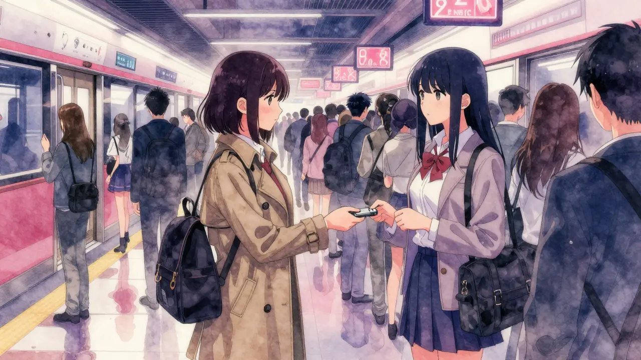 A secret crypto handoff in a Hong Kong subway, two women exchanging a USB drive amid a crowded station.