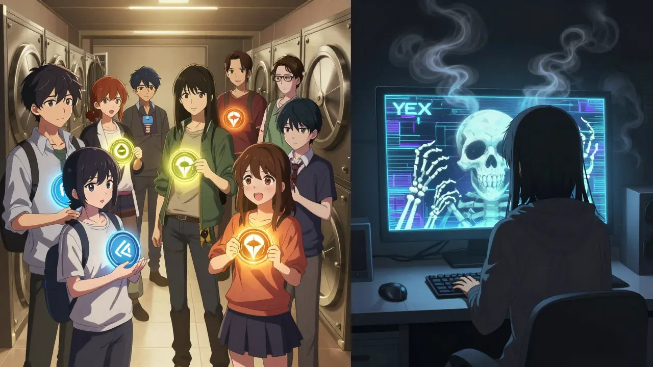 A split scene: warm, secure exchanges on one side, a glitching YEX scam on the other with shadowy hands emerging.