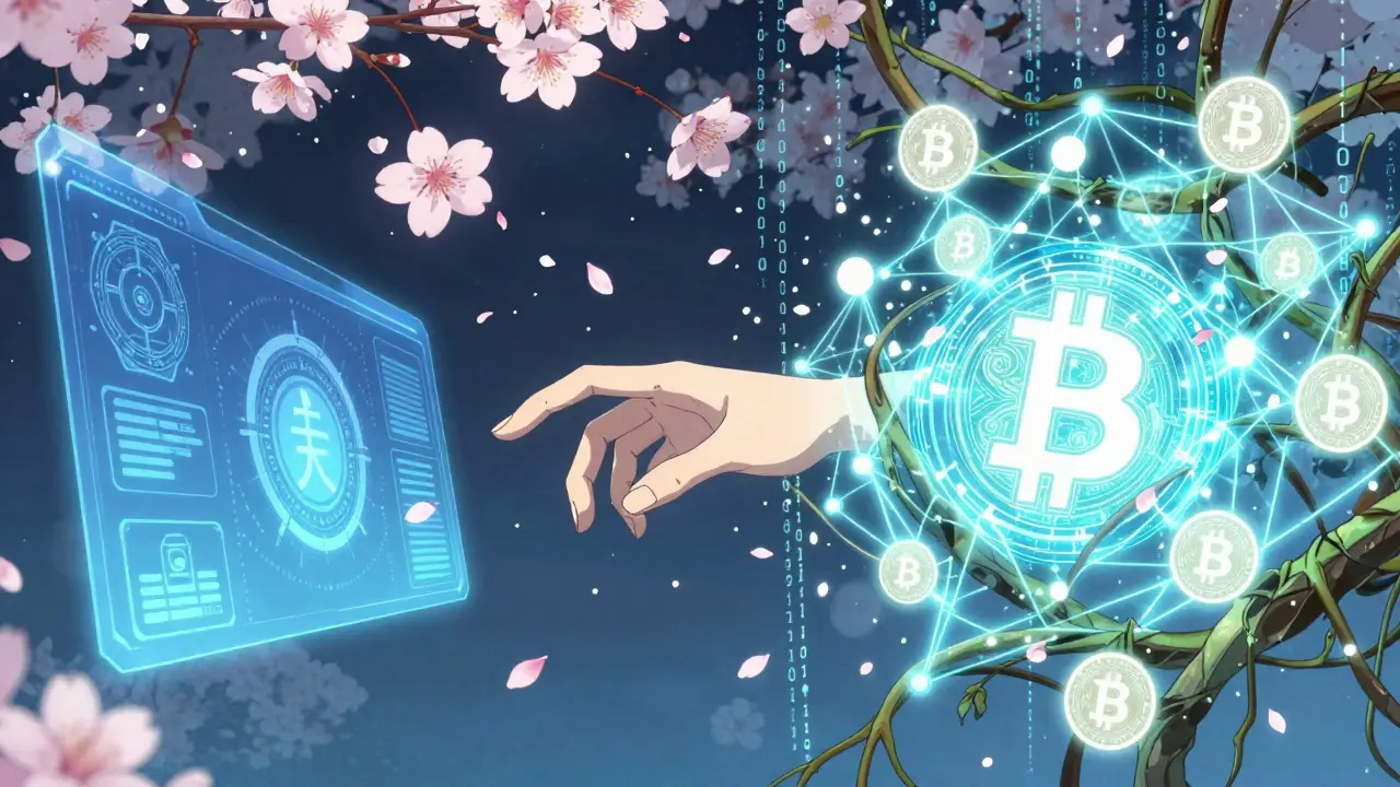 A symbolic split scene: digital yuan on one side, crypto networks on the other, with a trembling hand reaching across.