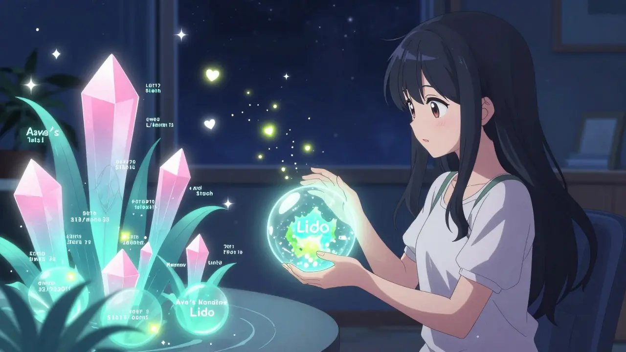 A teen transforms ETH into stETH with glowing firefly-like tokens while Aave’s lending pools bloom nearby.