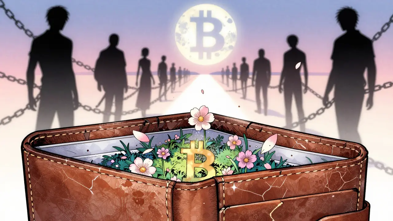 A vintage wallet opens to reveal a garden of digital Schnorr flowers, ECDSA shadows fading away.