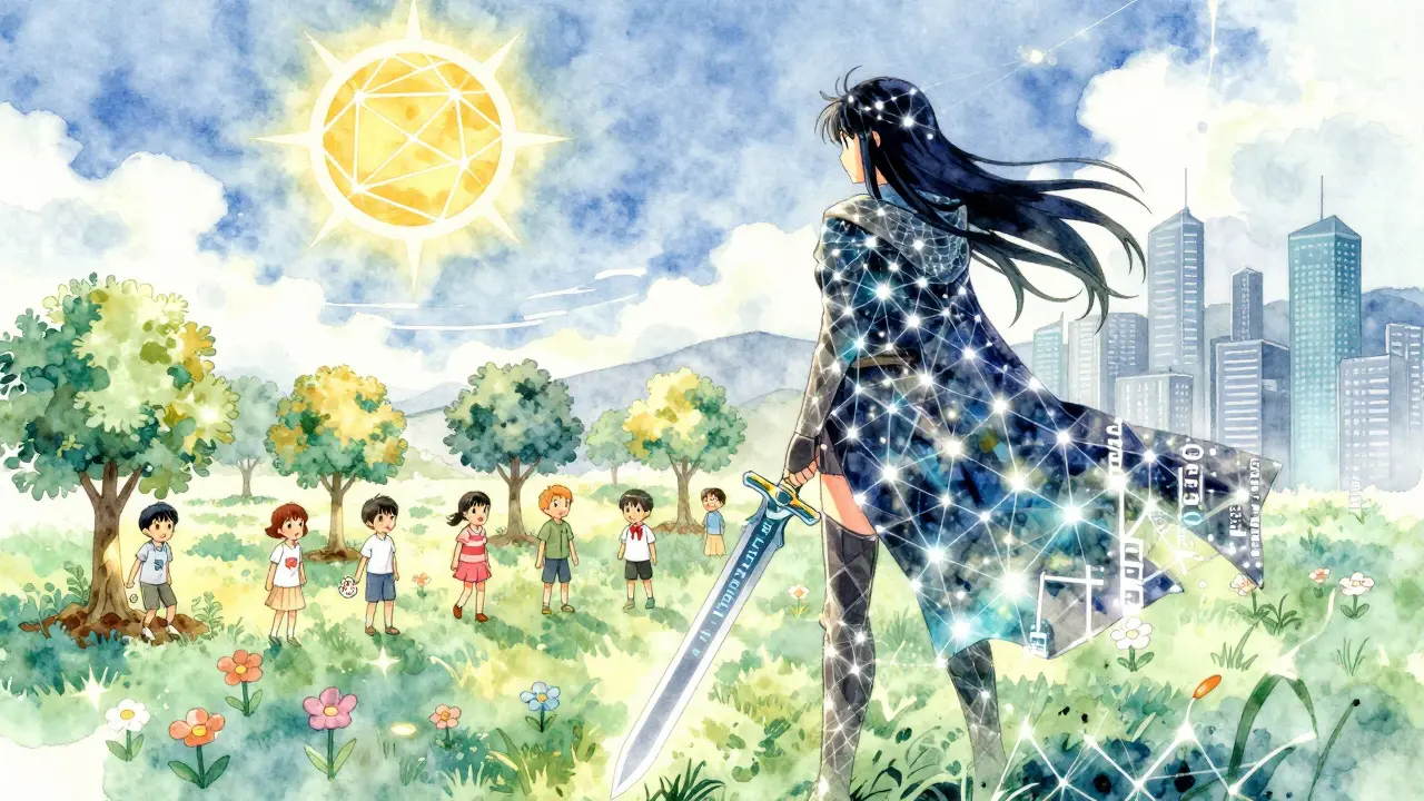 A warrior made of quantum lattices guards a digital city while children plant trees of crypto-agile certificates under a quantum sun.