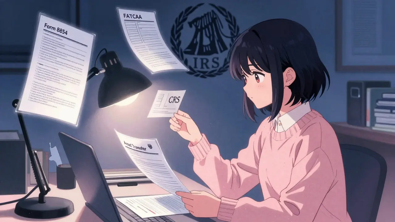 A woman in a cozy office filing tax documents under a lamp, with IRS symbols looming in the background.