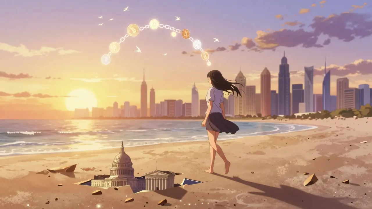 A woman walking on a beach at sunset as crypto coins turn into birds, leaving U.S. landmarks behind in sand.