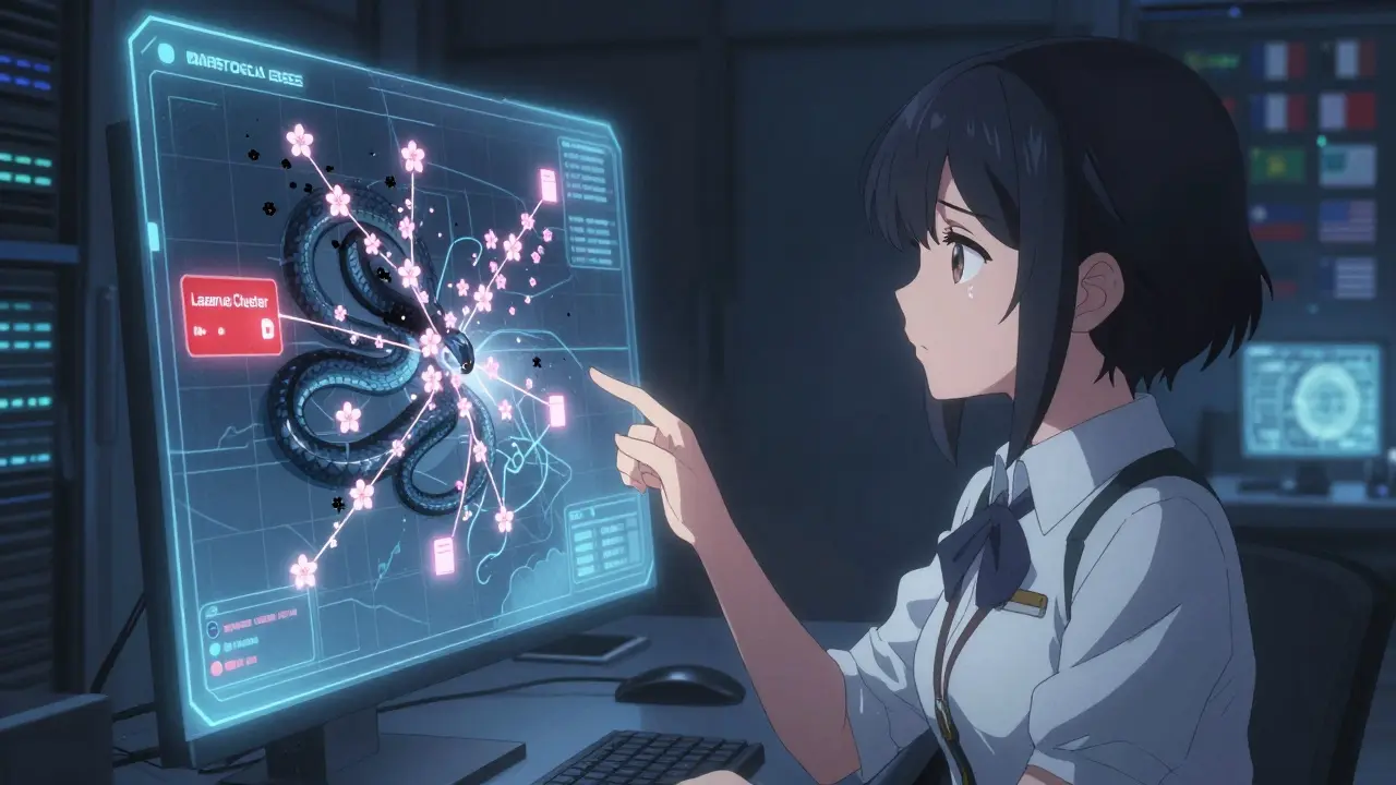 A young analyst in a server room watches stolen crypto trails turn black as they enter a shadowy AI serpent.