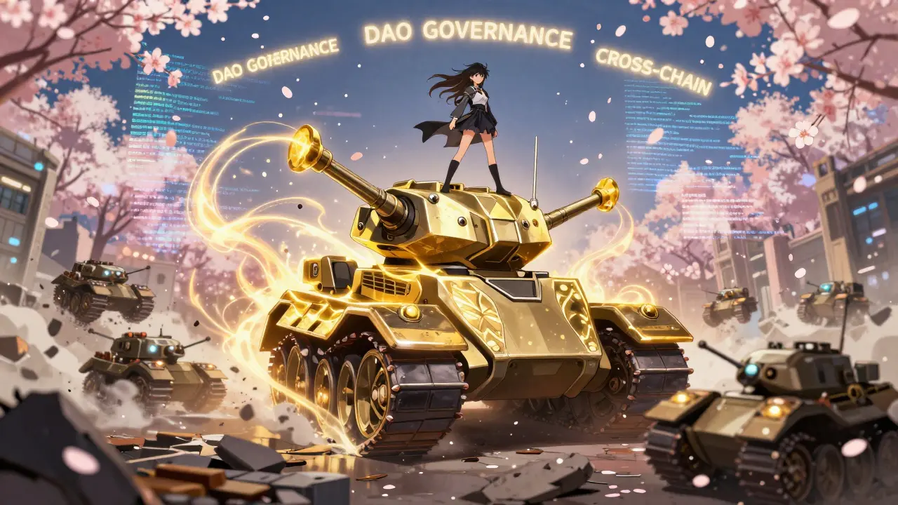 An NFT tank transforms between blockchains mid-battle, golden energy threads connecting chains as cherry blossoms of code drift through the air.
