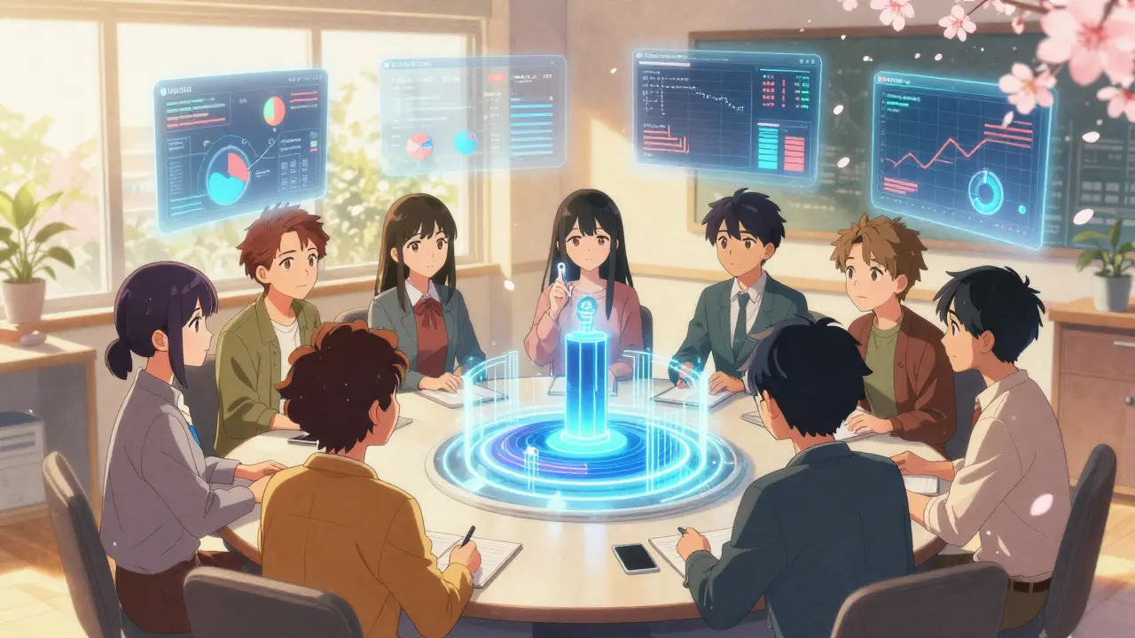 Analysts collaborate in a sunlit room surrounded by floating risk matrices and holographic DeFi protocols.