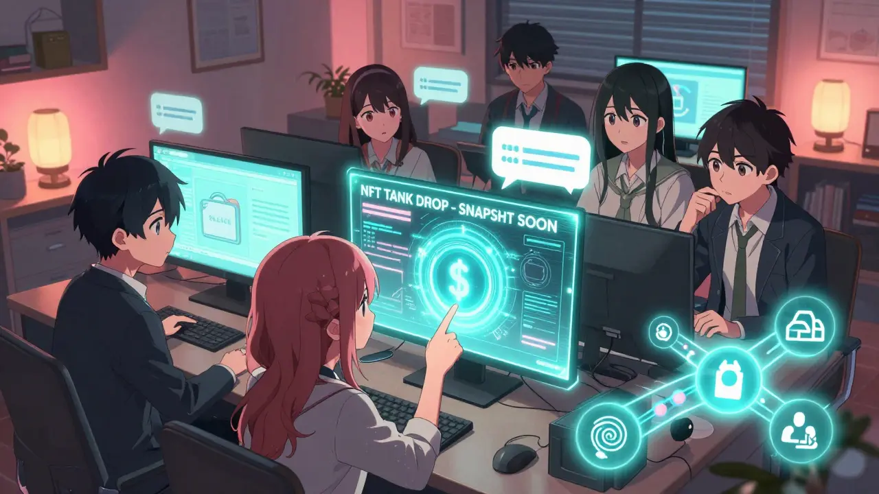 Anime teens gather around holographic screens showing a countdown for an NFT tank airdrop, glowing $PLACE tokens visible on their screens.