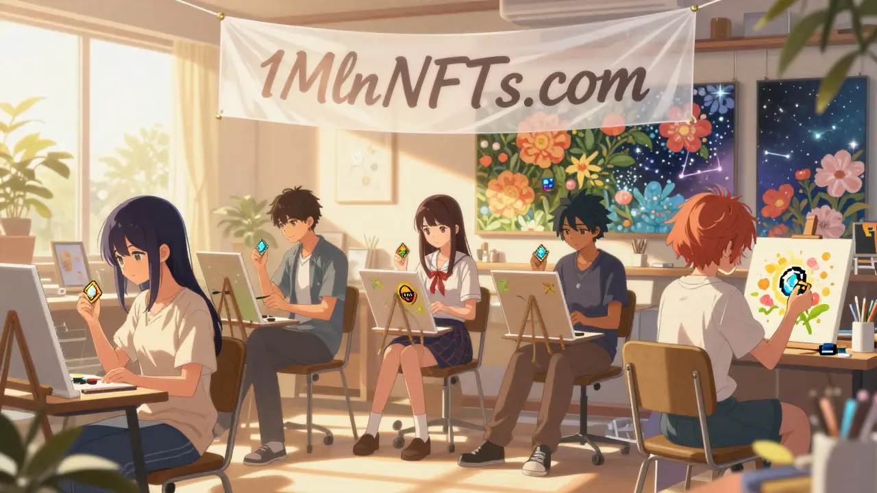 Characters peacefully painting on pixel NFTs in a sunlit studio, creating a collaborative mural with 1MIL tokens as glowing gems.