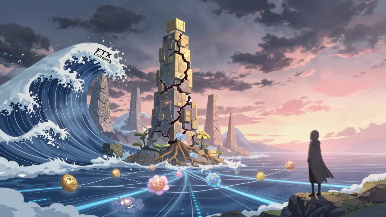 Cracked blockchain towers regenerate into a resilient network as dawn breaks over a data-sea landscape.