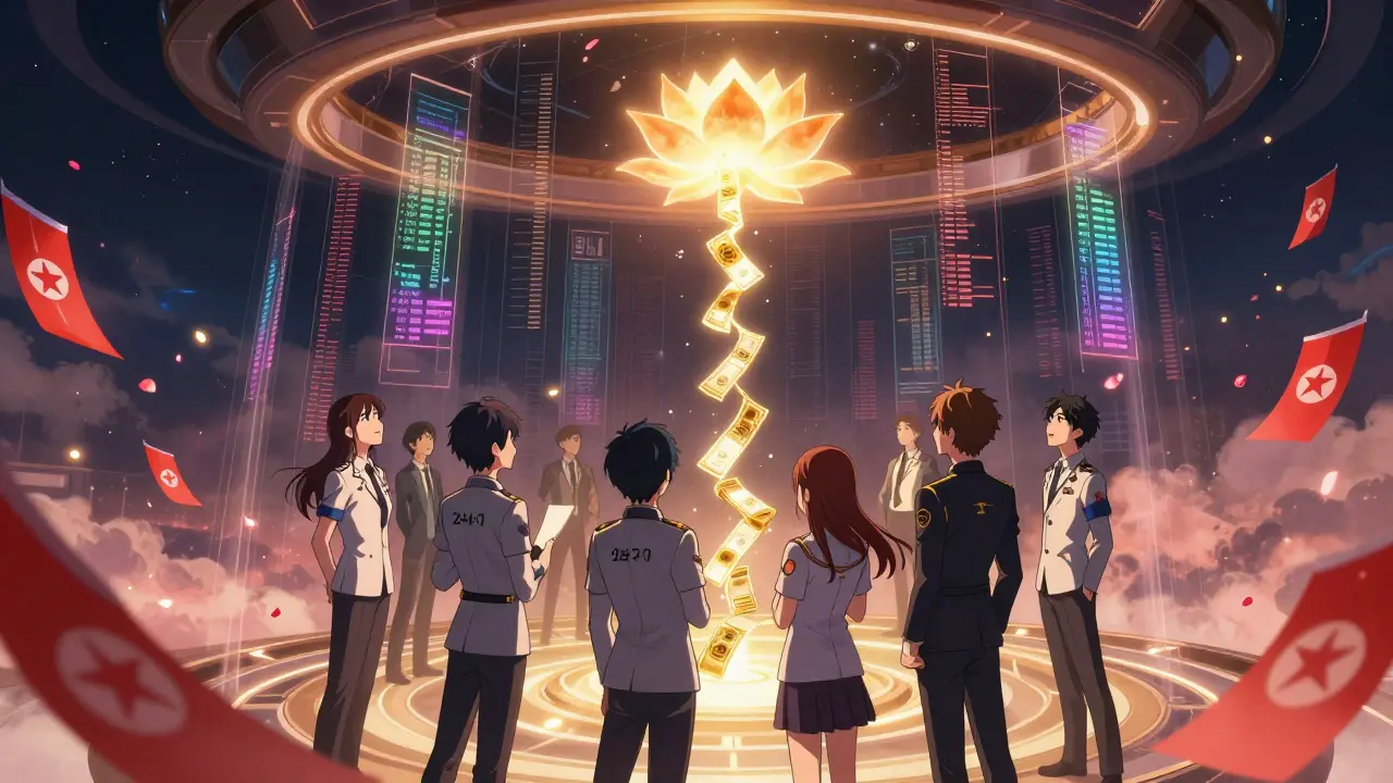 Diverse agents in a glowing command center watch recovered funds form a blooming lotus above frozen crypto addresses.