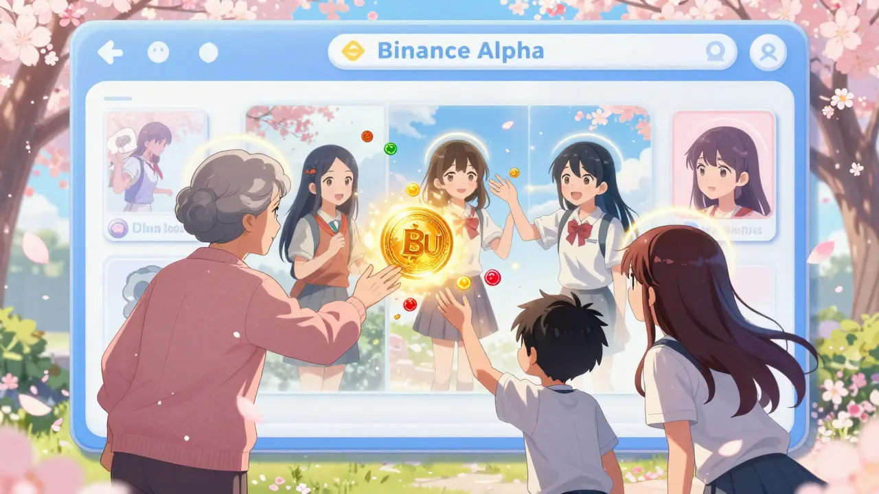 Diverse people reach for shimmering Baby Shark tokens through a magical Binance Alpha portal.