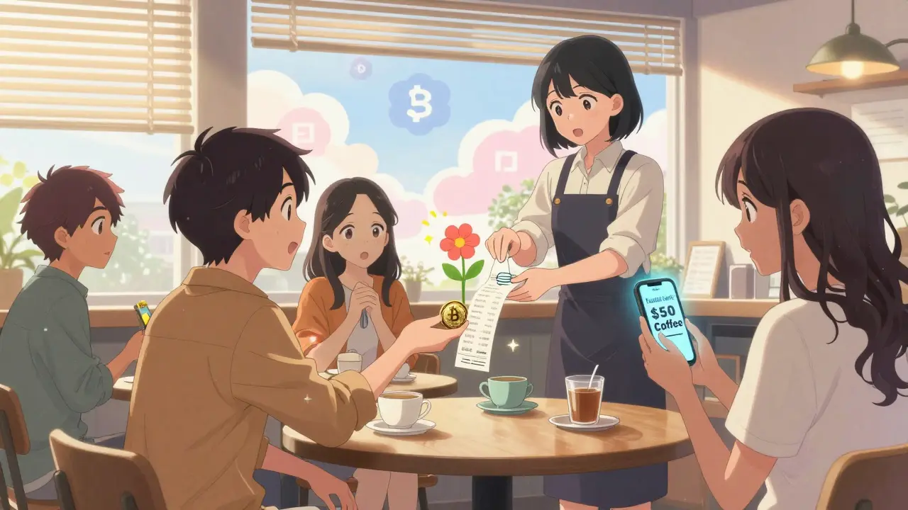 Friends in a café one pays with Bitcoin that turns into a blooming receipt under soft sunlight.