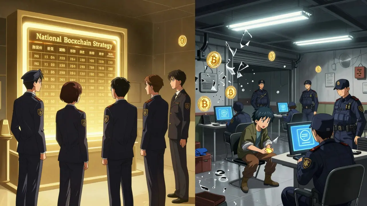 Government blockchain project contrasts with a raided crypto mining garage.