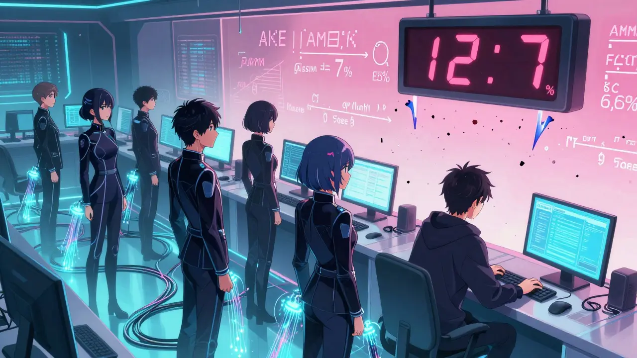 Institutional traders stand calmly beside fiber-optic cables while a retail trader frantically races against a 12.7-second price gap clock.