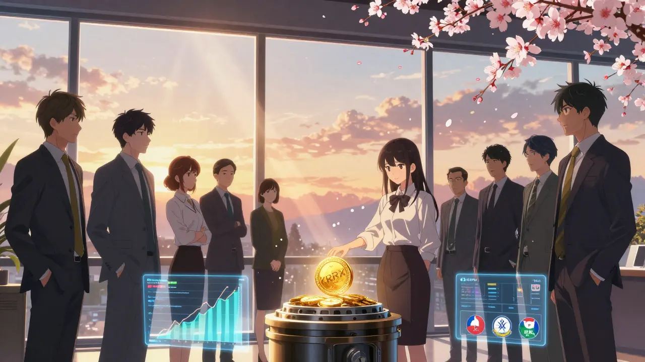 Professionals in Malta surrounded by holographic regulatory badges and cherry blossoms.