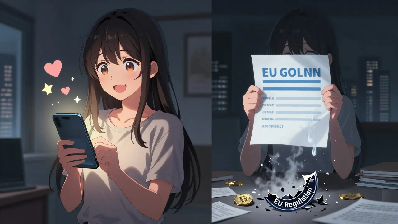 Split scene: cheerful app use vs. frozen account with crumbling regulation seal.