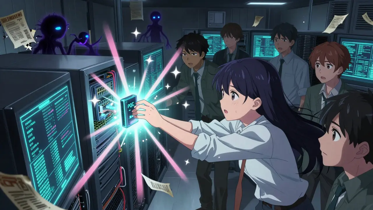 Tech professionals install a glowing PQC key module as shadowy quantum entities harvest encrypted data in a server room.
