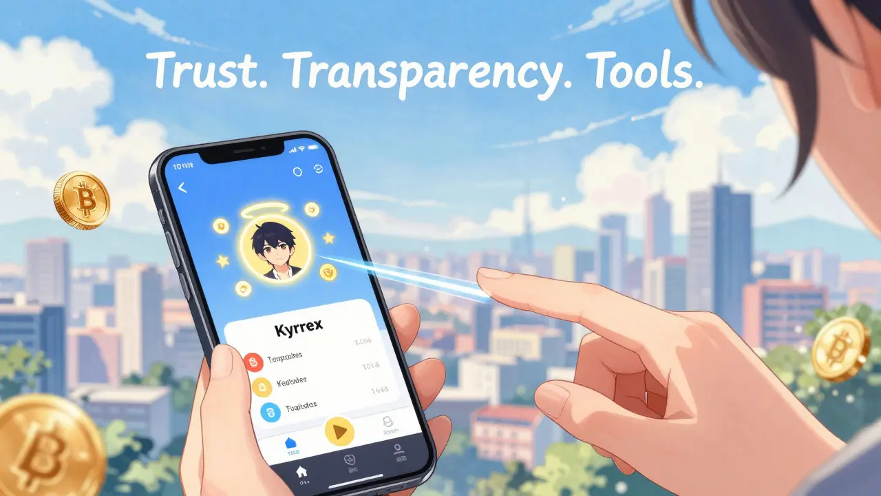 Teenager using copy trading on phone, with glowing trader avatar and crypto symbols in background.