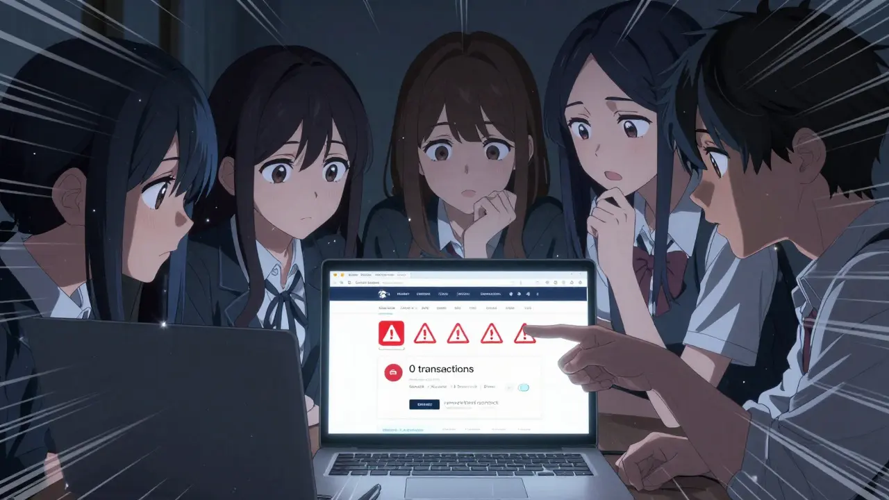 Teens examine a fake airdrop site while comparing it to a blockchain explorer showing zero transactions.