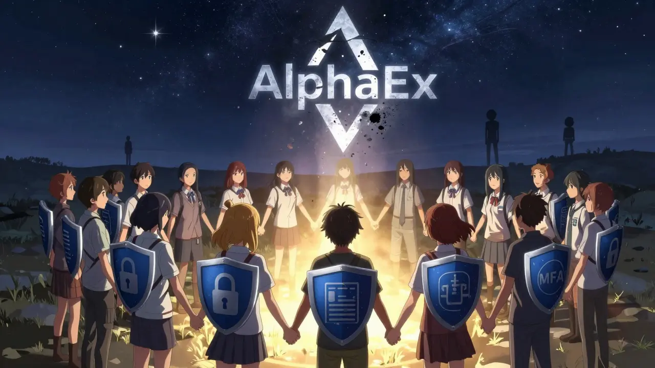 Teens holding hands under stars, forming a protective circle as a corrupted exchange logo dissolves into ash.