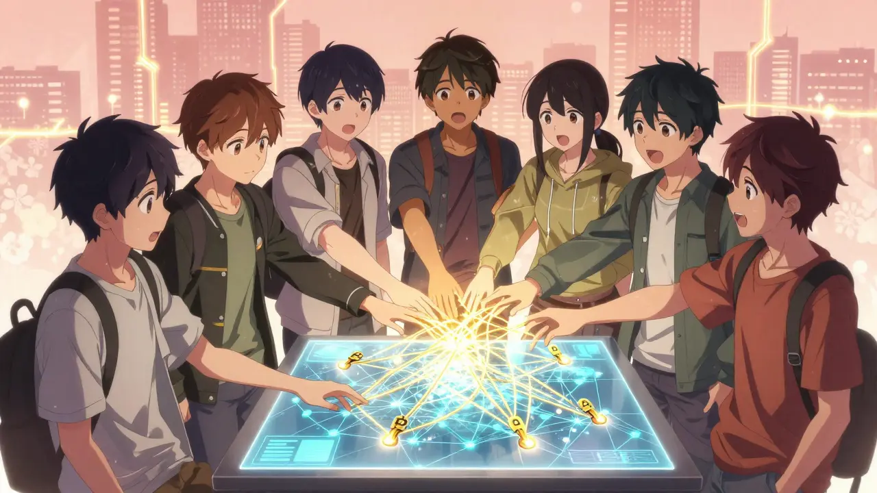 Teens merge golden threads into one unified Bitcoin signature on a holographic table.