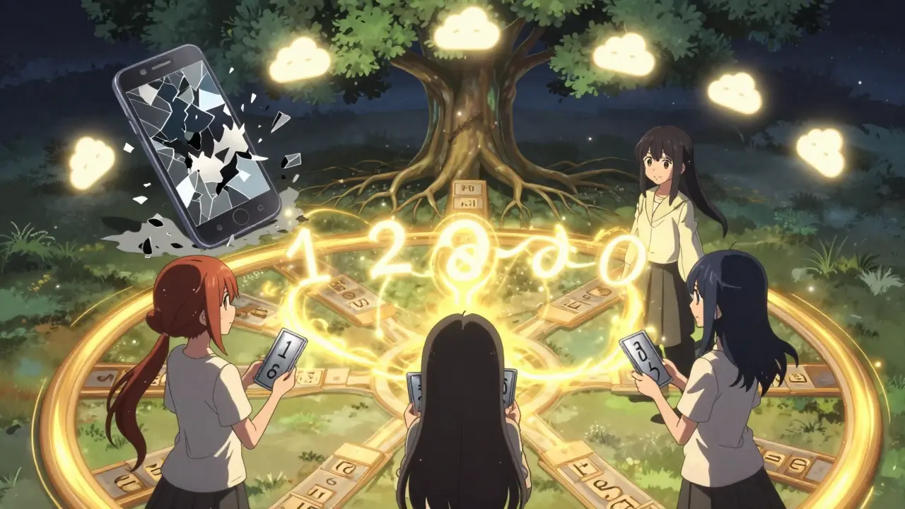 Three girls link hands to reconstruct a seed phrase from metal cards, symbolizing shared security.