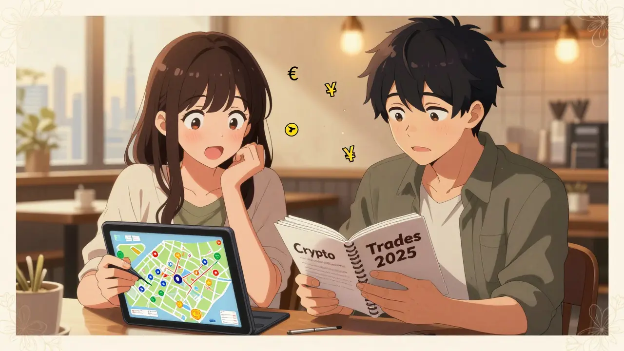 Two friends at a café discussing crypto trades with animated tax symbols above them.