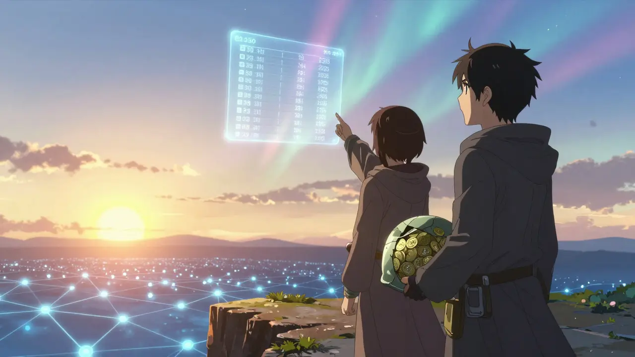 Two miners on a cliff watch rising transaction fees as stars form in the digital sky.