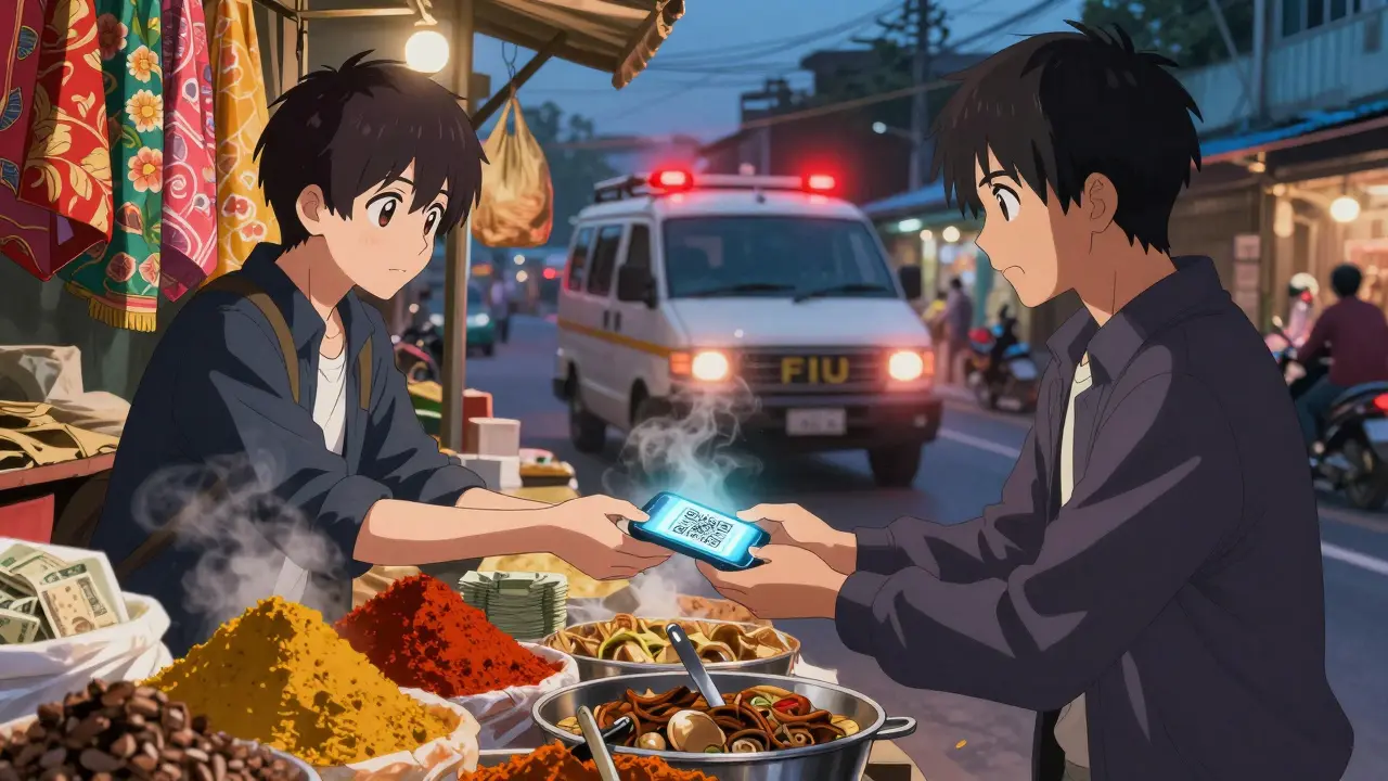 Two people secretly trade cash for crypto in a busy Dhaka market at dusk.