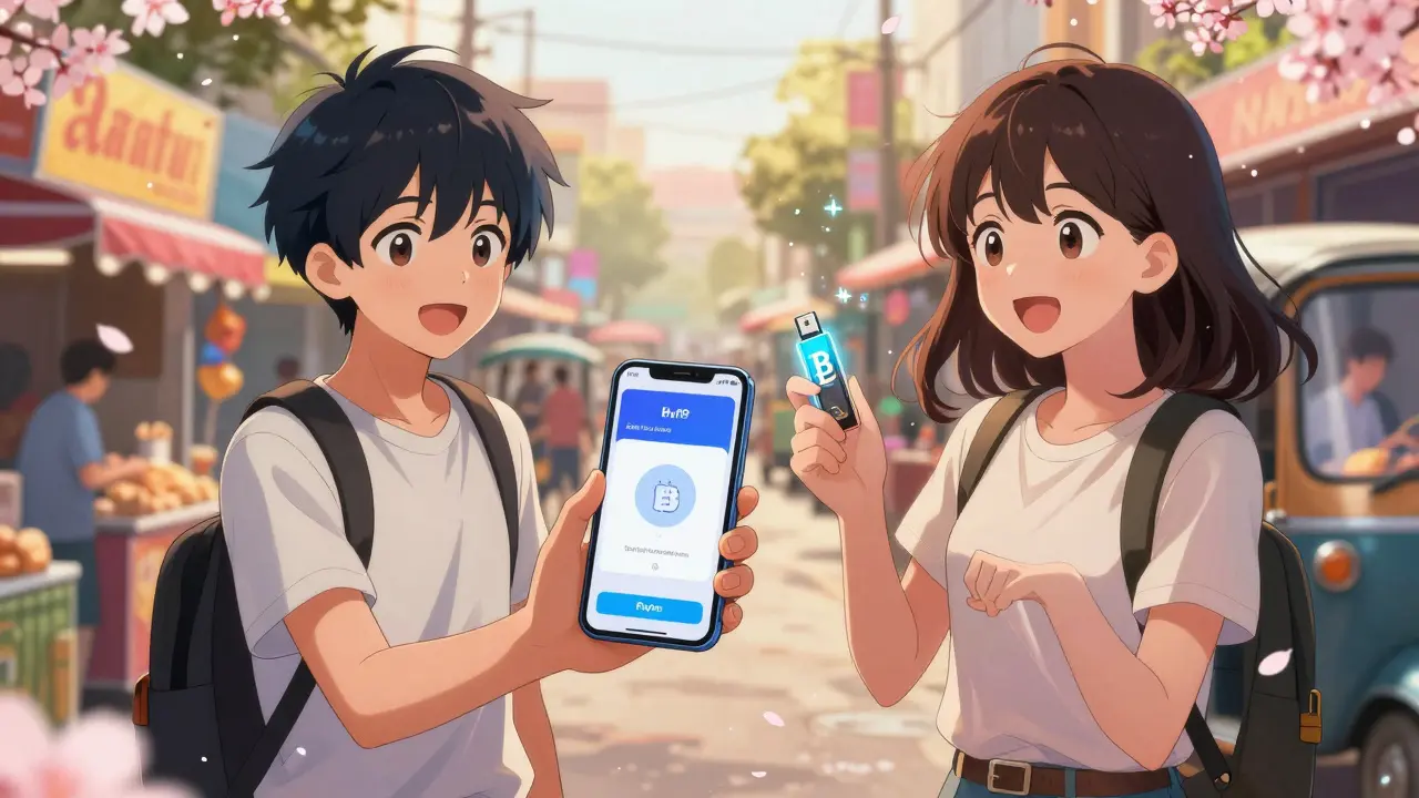 Two teens trading crypto via Paytm on a busy Indian street, glowing Bitcoin USB drive in hand, sakura petals drifting in the air.