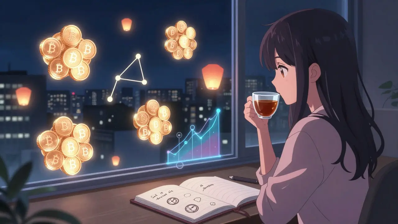 Young investor surrounded by glowing crypto portfolios as holographic graphs rise like lanterns, sipping tea at night in serene anime style.