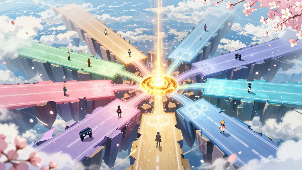 64 floating parallel highways in pastel colors, representing sharding, with seamless movement between them in dreamy anime style.