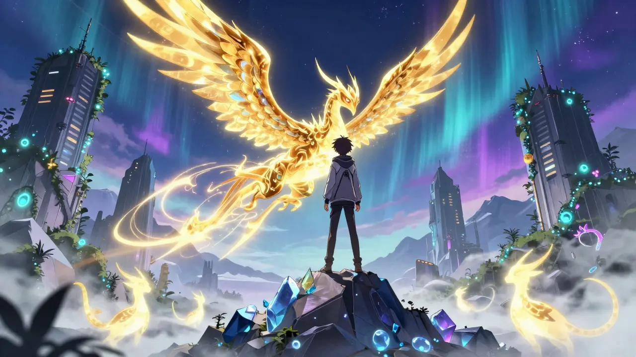 A boy stands atop a crystalline mountain as a golden Illuvial emerges from swirling energy under aurora-lit skies.