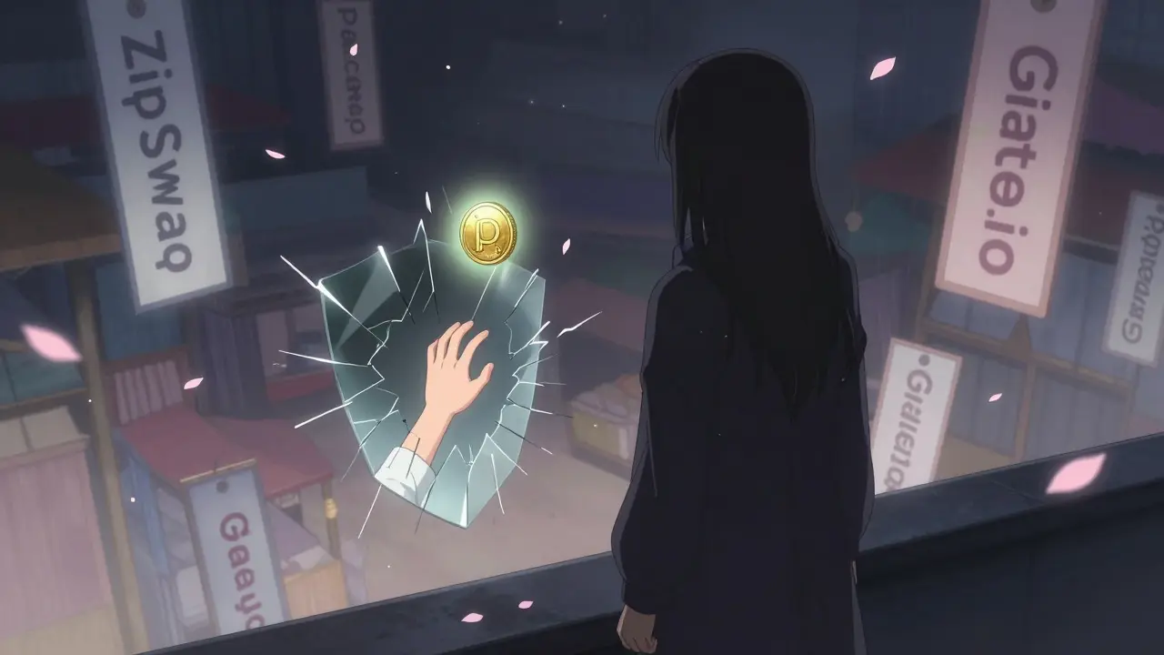 A faceless figure stands beside faded crypto exchange signs in an empty marketplace, a single coin glowing above a cracked mirror.