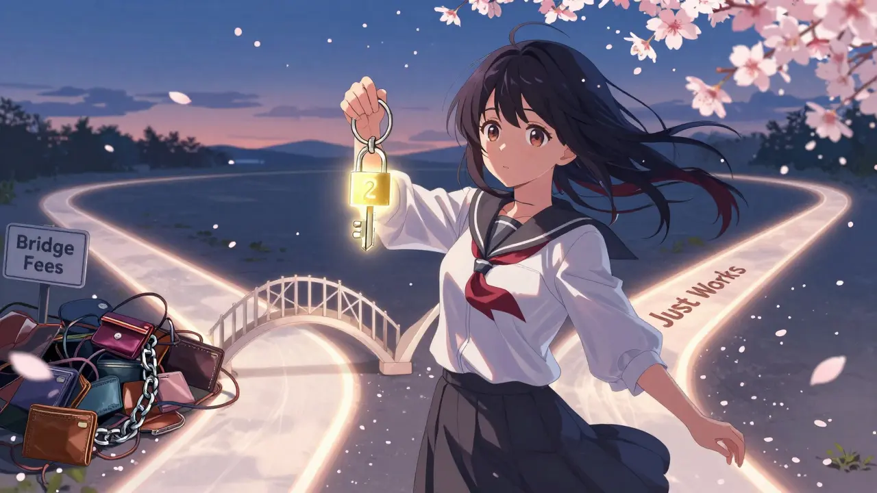 A girl choosing between a tangled bridge and a smooth chain, symbolizing Layer 2 vs sharding, in delicate shoujo manga aesthetic.