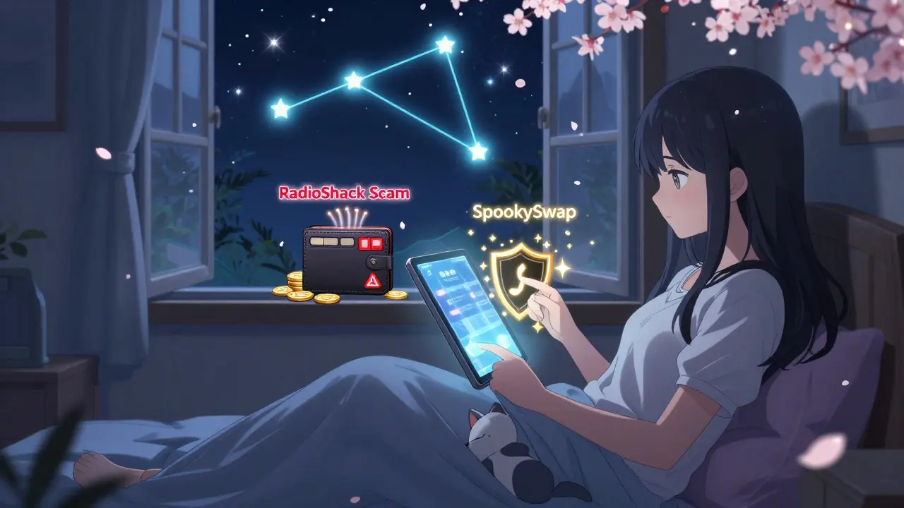 A girl comparing a scam wallet and SpookySwap on a tablet, with Fantom’s blockchain glowing like stars outside her window.
