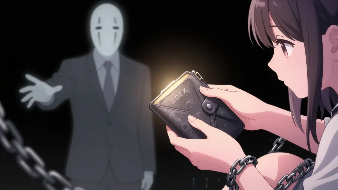 A girl holding a hardware wallet as a faceless figure reaches from a dark void behind her.
